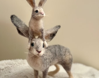 Daddy and baby Hare/Needle Felted Hares/Guess How much Hare/Felted Rabbits/Felted Animal/Felted Hares/OOAK Hare sculptures/Felted Animal