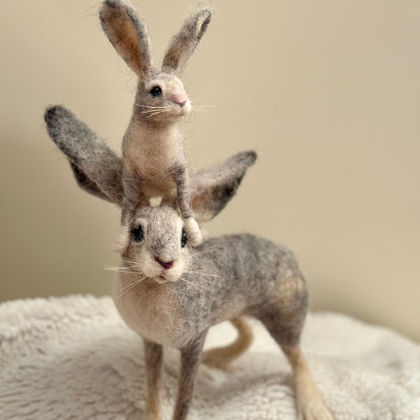 Daddy and baby Hare/Needle Felted Hares/Guess How much Hare/Felted Rabbits/Felted Animal/Felted Hares/OOAK Hare sculptures/Felted Animal