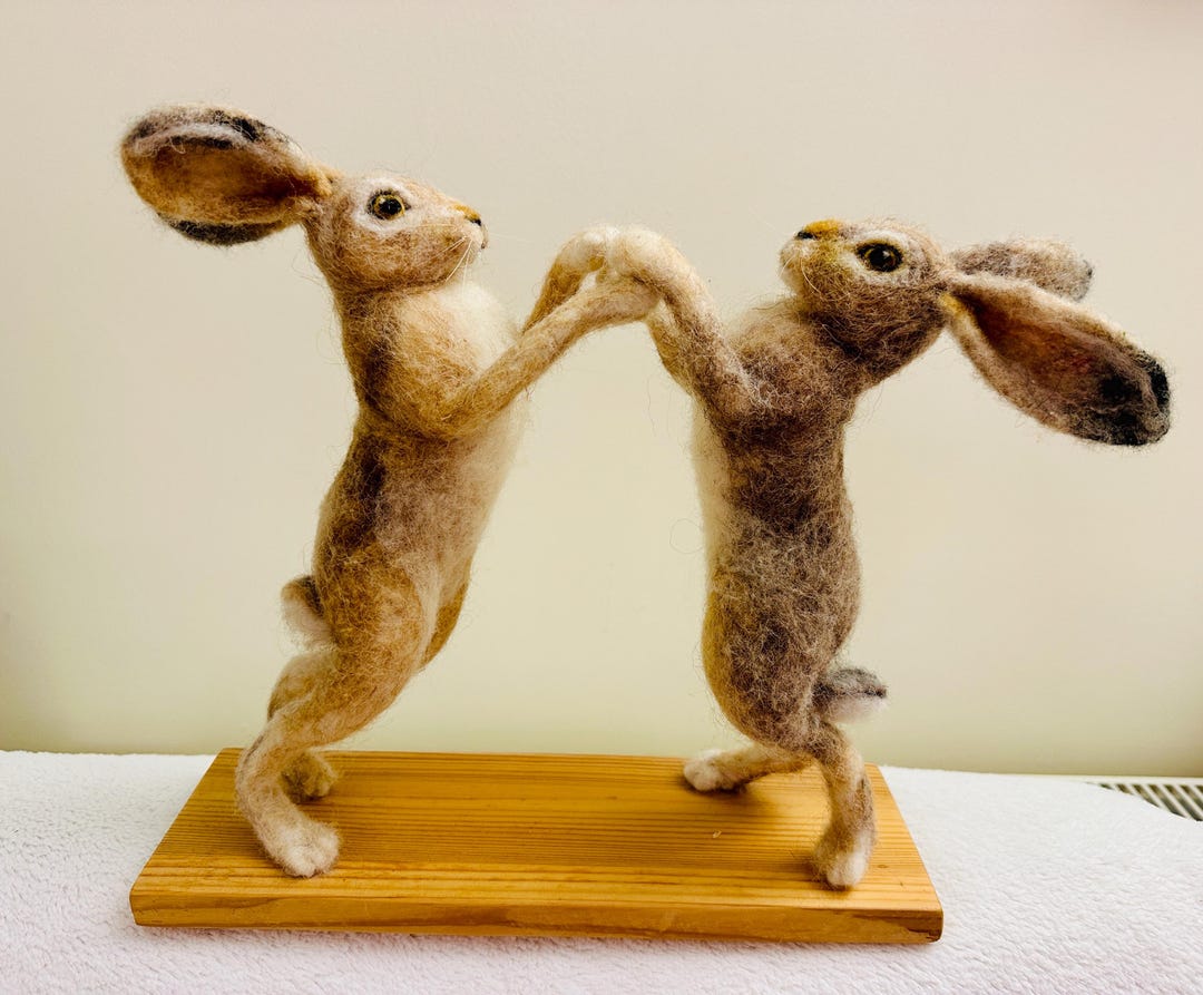Needle Felted Boxing Hares • Handmade Wool Hare Sculpture Pair (10 Inch ...