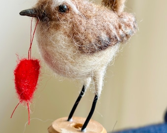 Needle felted Wren/Jenny Wren/Felted Wren/Wren ornament/Needle felted Bird/Bird Ornament/Wren on spool/Bobbin bird/Wren gift/Bird lover gift