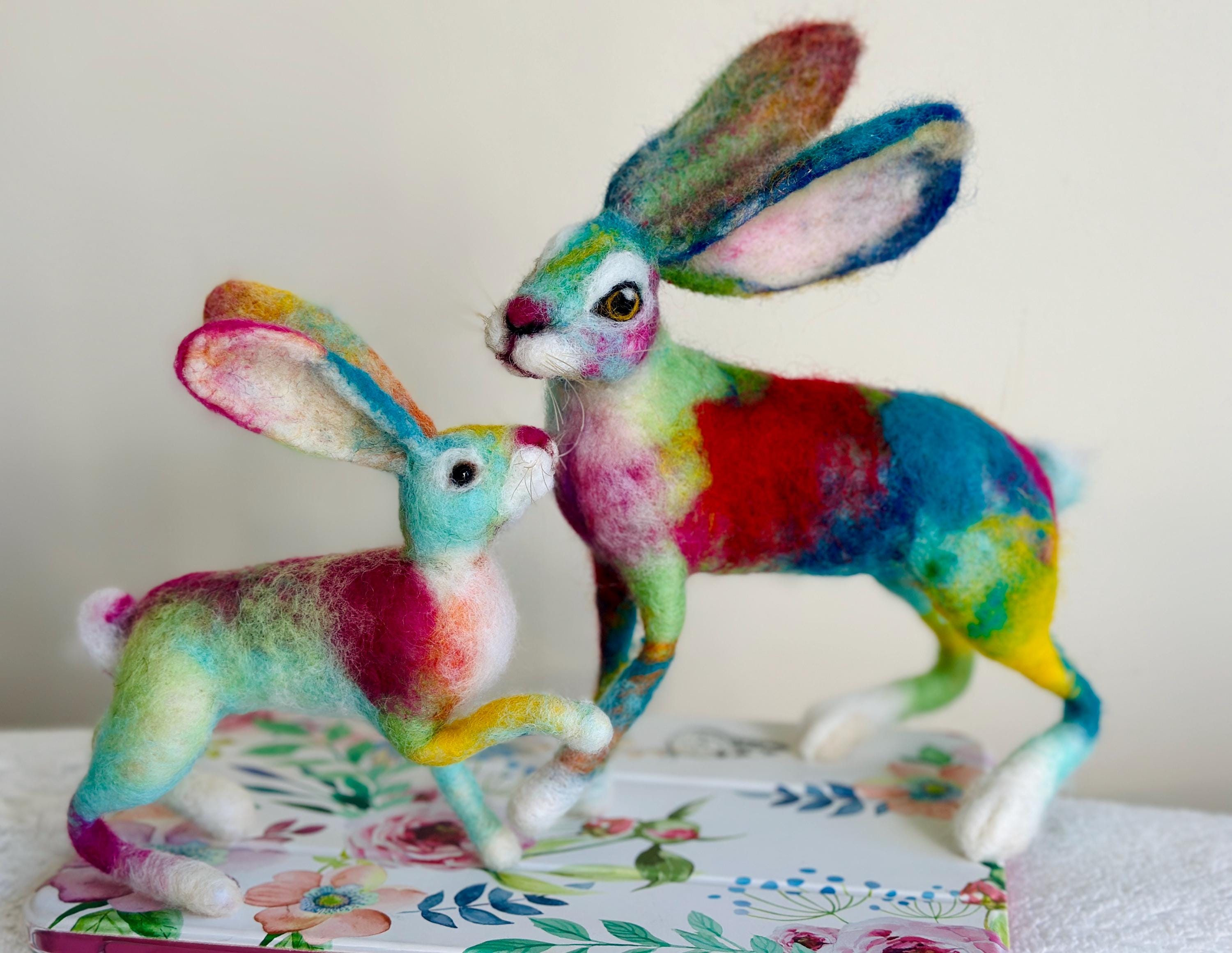 Colourful Needle Felted Hare Sculpture – Rainbow Rabbit Figurine ...