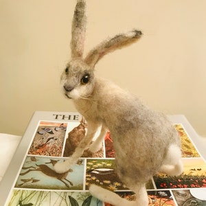 May include: A needle felted gray and white rabbit sculpture with brown eyes. The rabbit is sitting on a book with illustrations of animals and birds.