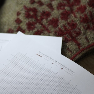 Peut inclure: Deux feuilles de papier blanches pour diagramme de tricot avec un motif de grille. La feuille du haut porte le texte "Knitting Chart Sheet, A4, 3.0 mm (0.11 in) Square".