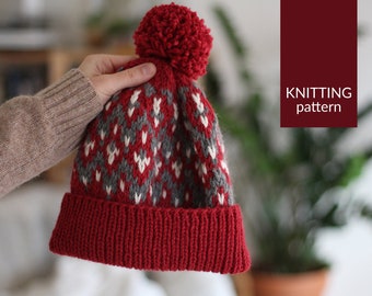 Knitting Pattern - Fair Isle Pompom Hat - Unisex Adult and  display picture 1