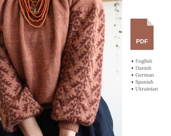 Knitting pattern - Ornata blouse - Round yoke pullover with floral colourwork on the sleeves