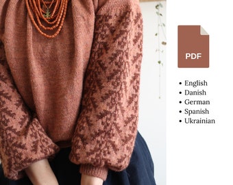 Knitting pattern - Ornata blouse - Round yoke pullover with floral colourwork on the sleeves