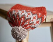 Pompom Hat Orange Toque Unisex Mountain Winter Ski Fair Isle Wool Alpaca Hand Knitted Beanie men women child pure wool + alpaca icelandic
