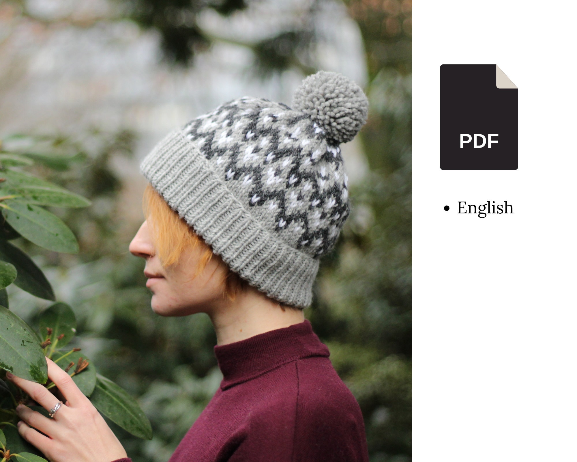 Handmade Wool Knit Beanie Hat Pom Pom Fair Isle Pattern Cream Red Blue Yellow Cream Fair Isle Merino Wool Beanie: Knitted Pom Pom Winter  main image 3