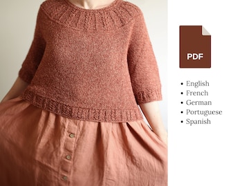 Knitting pattern - Round yoke A-line pullover with 3/4 funnel sleeves - Mimungo