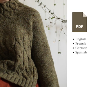 Knitting pattern - Dark Moss - Oversized Raglan Turtleneck with Side Slits and Cables