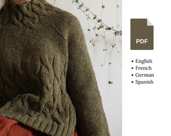Knitting pattern - Dark Moss - Oversized Raglan Turtleneck with Side Slits and Cables