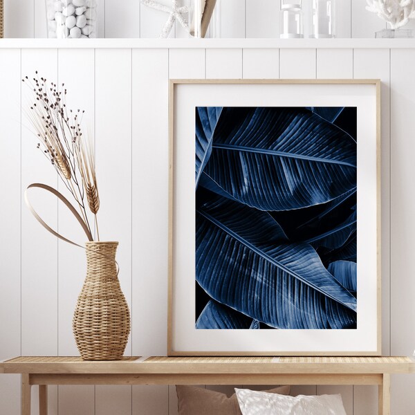 Digital Tropical Blue Leaves Print Downloadable Modern Abstract Foliage Dark Macro Photography