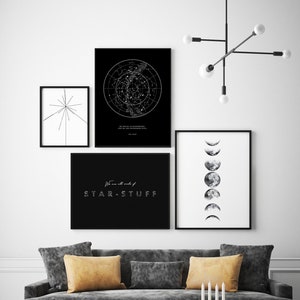 Carl Sagan Quote, Astrologie, Sterren, Maanfasen, Voyager Pulse Map, Star Map, Modern, Stijlvol, Zwart-Wit, Type, Sci-Fi, Geek set