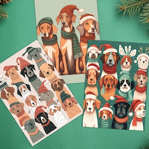 デジタル、犬が描かれたクリスマスホリデーカード3枚セット、かわいいイラスト