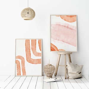 Set of 2 abstract boho prints, Downloadable watercolor print, Printable modern poster, geometric burnt orange minimalist print,