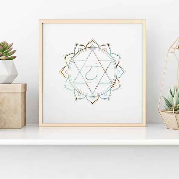 Green Color Heart Anahata Chakra Nature Balance Growth Healing Watercolor Gold Mantra Manifestation Energy Positive Downloadable Print