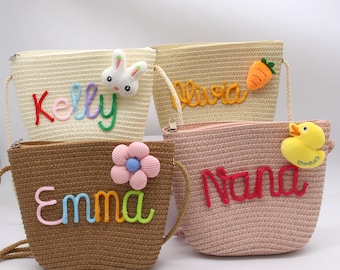 Personalized Kids Crossbody Bag, Custom kids travel bag, Straw Little Girl Shoulder Bag, Birthday Gift, Nursery Gifts, Monogram Kids Purse