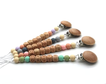 Personalized Beechwood Pacifier Clip, Silicone Beads, Baby Shower Gift