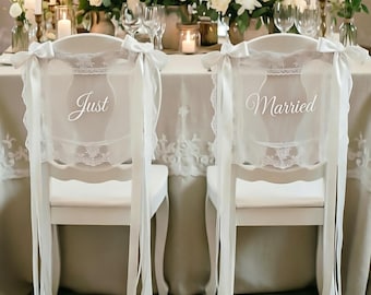Sheer Lace Just Married Signs for Chairs - Bride & Groom Sweetheart Table Sign Decor, Wedding Chair Covers, Sheer Lace Signs, Chair Decor