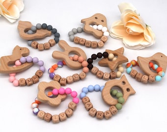 Personalized Baby Rattle Ring, Beech Wood & Silicone, Baby Shower Gift