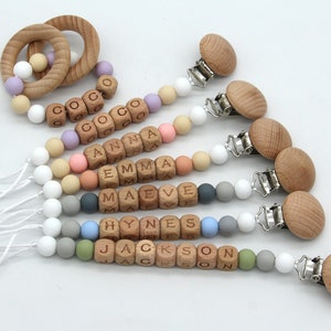 Personalized Pacifier Clip and Rattle Set - Wooden Baby Boy Dummy Chain, Newborn Gift, Binky Holder
