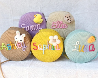 Custom Crossbody bag Round Straw Kids Name Beach Bag Summer Bridal Shower Bag Easter Gift