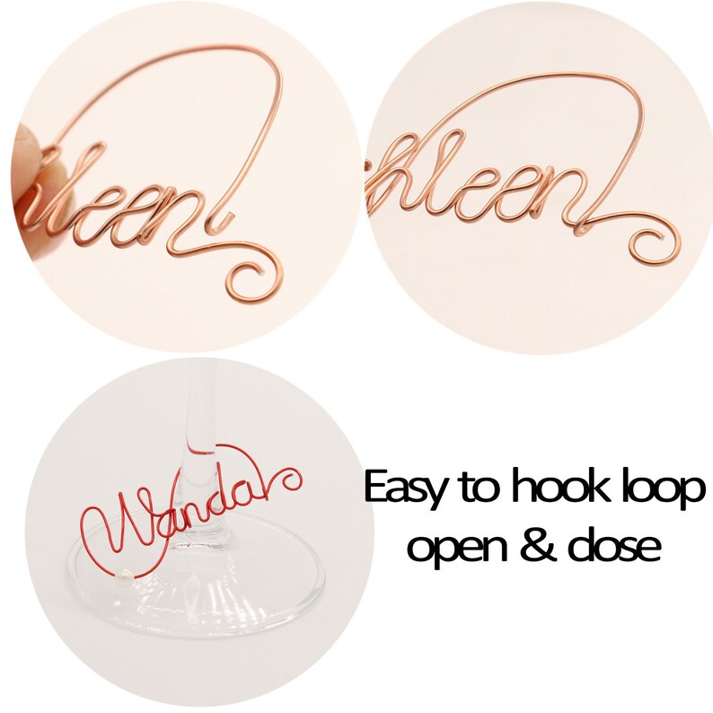Op de afbeelding: Roze gouden draad wijn glas bedels met de namen "Kleen", "Queen" en "Wanda" geschreven in cursief. De bedels zijn gemakkelijk te haken, te openen en te sluiten.