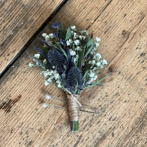 Dried blue thistle buttonhole, Grooms buttonhole, Dried flower buttonhole, Dried eucalyptus buttonhole, Scottish wedding flowers. image 4