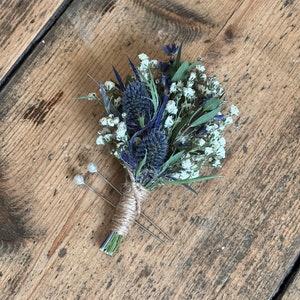 Dried blue thistle buttonhole, Grooms buttonhole, Dried flower buttonhole, Dried eucalyptus buttonhole, Scottish wedding flowers. image 10