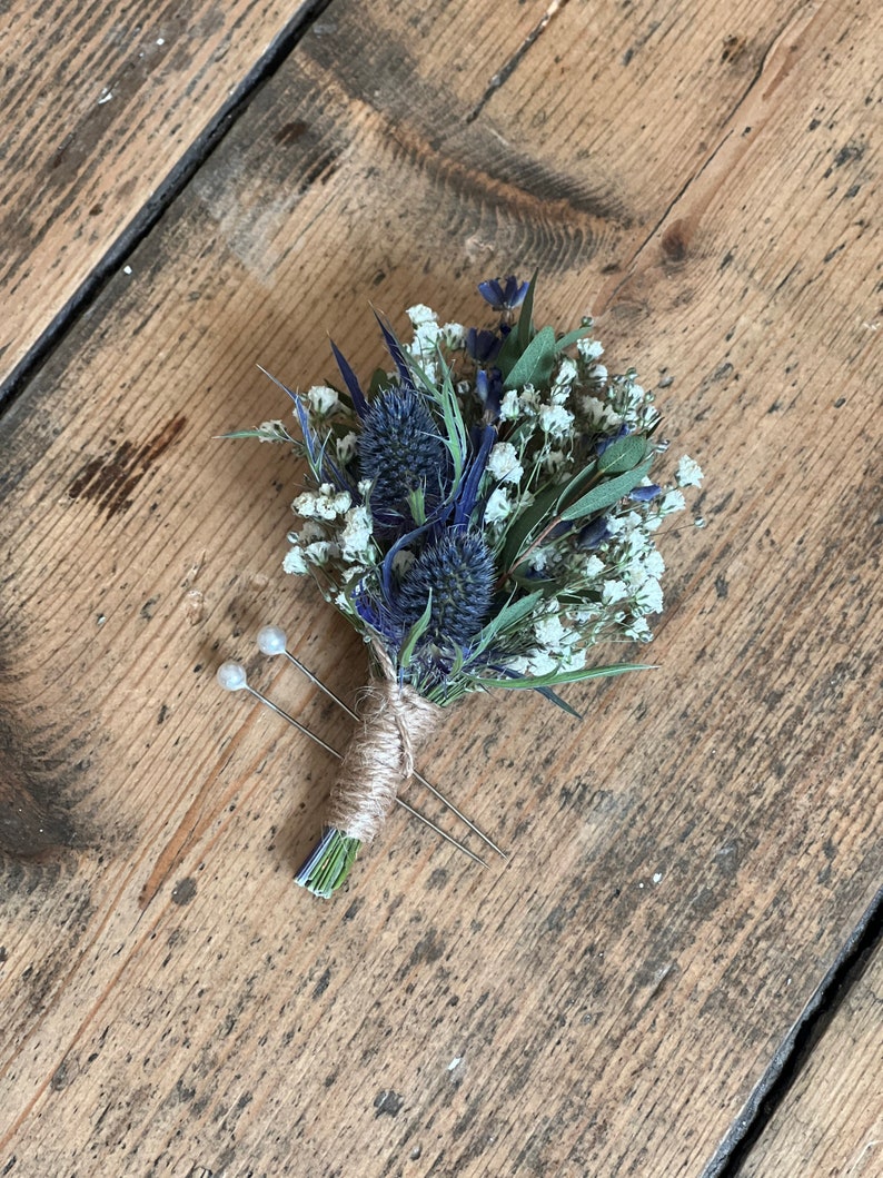 Dried blue thistle buttonhole, Grooms buttonhole, Dried flower buttonhole, Dried eucalyptus buttonhole, Scottish wedding flowers. image 10