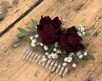 Dried flower hair comb, Red rose hair comb, Bridal hair flowers, Wedding flower comb, Bridesmaids flowers, Bridal hair comb.