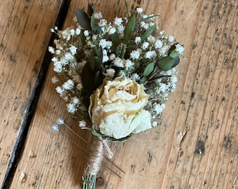 Dried cream rose buttonhole, Dried flower wedding buttonhole, Dried gypsophila boutonniere, Grooms buttonhole, Cream rose wedding flowers.