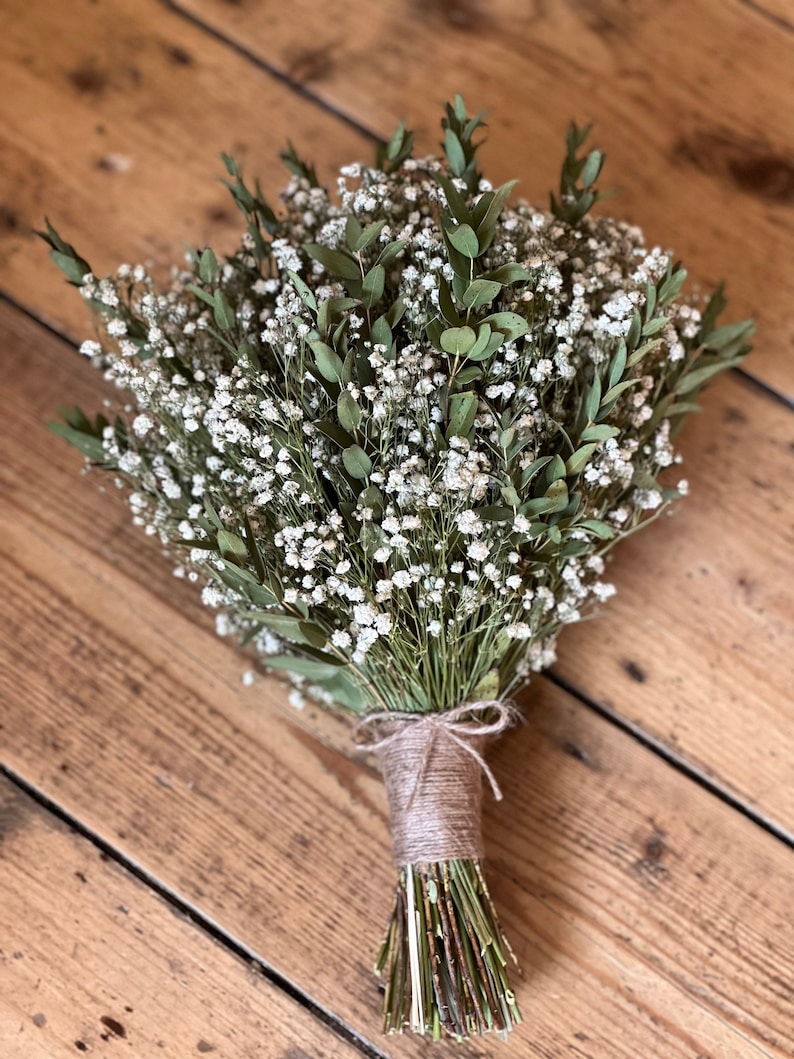 Dried gypsophila and eucalyptus bouquet, Dried bridal bouquet, Rustic wedding bouquet, Dried flower bouquet, Dried bridal flowers. image 1