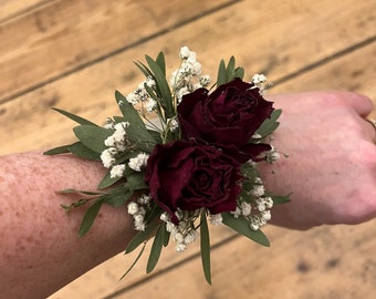 Wedding wrist corsage, Dried flower wrist corsage, Red rose corsage, Wedding flower bracelet,Bridesmaid wrist corsage,Wedding flower corsage