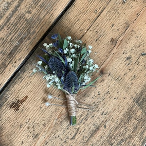 Dried blue thistle buttonhole, Grooms buttonhole, Dried flower buttonhole, Dried eucalyptus buttonhole, Scottish wedding flowers. image 9