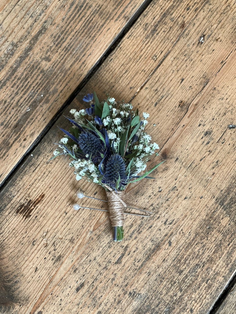 Dried blue thistle buttonhole, Grooms buttonhole, Dried flower buttonhole, Dried eucalyptus buttonhole, Scottish wedding flowers. image 9