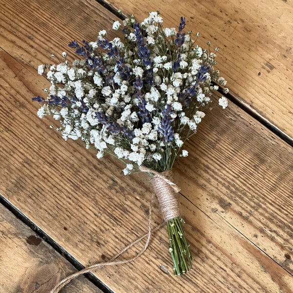 Dried gypsophila and lavender pew ends, Dried flower pew ends, Dried gypsophila chair ends, Dried flower bunch, Dried gypsophila bunch.