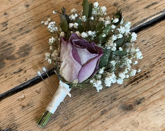 Dried dusky pink rose buttonhole, Dried flower wedding buttonhole, Gypsophila boutonniere, Grooms buttonhole, Dried wedding flowers.