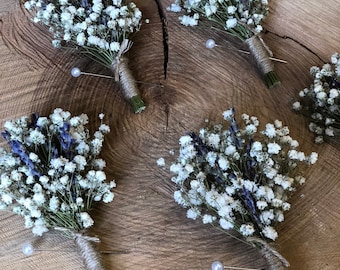 Dried Lavender buttonhole, dried gypsophila boutonniere, dried flower buttonhole, dried wedding flowers, dried babys breath buttonhole.