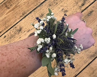 Dried flower wrist corsage, Thistle wedding corsage, Scottish wedding, Bracelet corsage, Bridesmaid flowers, wedding wrist corsage.
