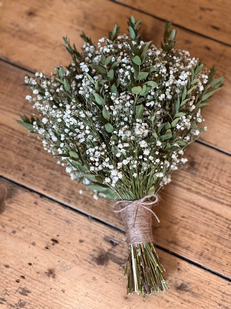 Dried gypsophila and eucalyptus bouquet, Dried bridal bouquet, Rustic wedding bouquet, Dried flower bouquet, Dried bridal flowers. image 9