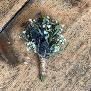 Dried blue thistle buttonhole, Grooms buttonhole, Dried flower buttonhole, Dried eucalyptus buttonhole, Scottish wedding flowers. image 3