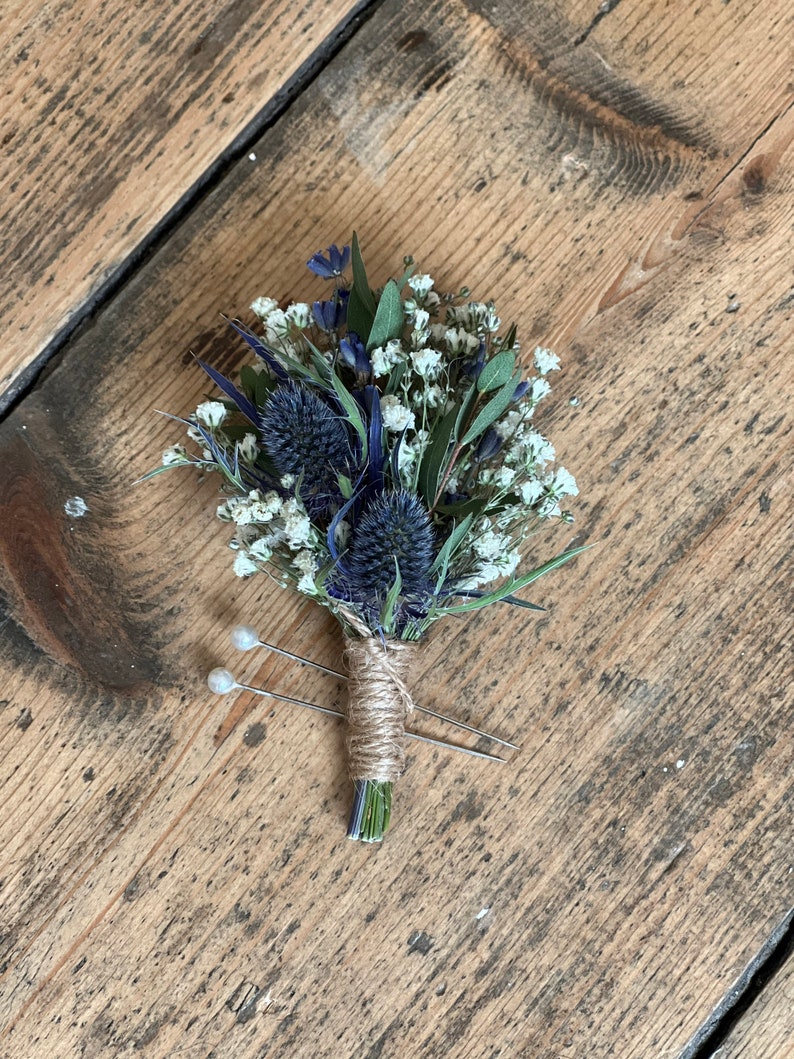 Dried blue thistle buttonhole, Grooms buttonhole, Dried flower buttonhole, Dried eucalyptus buttonhole, Scottish wedding flowers. image 3