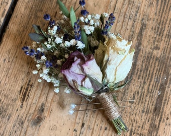 Dried rose and lavender buttonhole, Dried dusky pink rose buttonhole, Dried cream rose buttonhole, Dried flower buttonhole,Grooms buttonhole