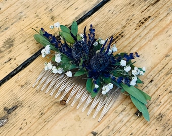 Dried flower hair comb, Wedding hair flowers, Scottish wedding, Bridal hair comb, Bridesmaids flowers, Thistle hair comb, Dried blue thistle