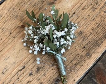 Dried gypsophila buttonhole, Dried eucalyptus buttonhole, Sage green buttonhole, Sage green wedding flowers, Dried flower buttonhole.