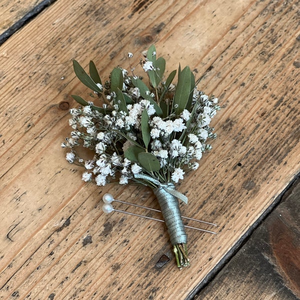 Dried gypsophila buttonhole, Dried eucalyptus buttonhole, Sage green buttonhole, Sage green wedding flowers, Dried flower buttonhole.