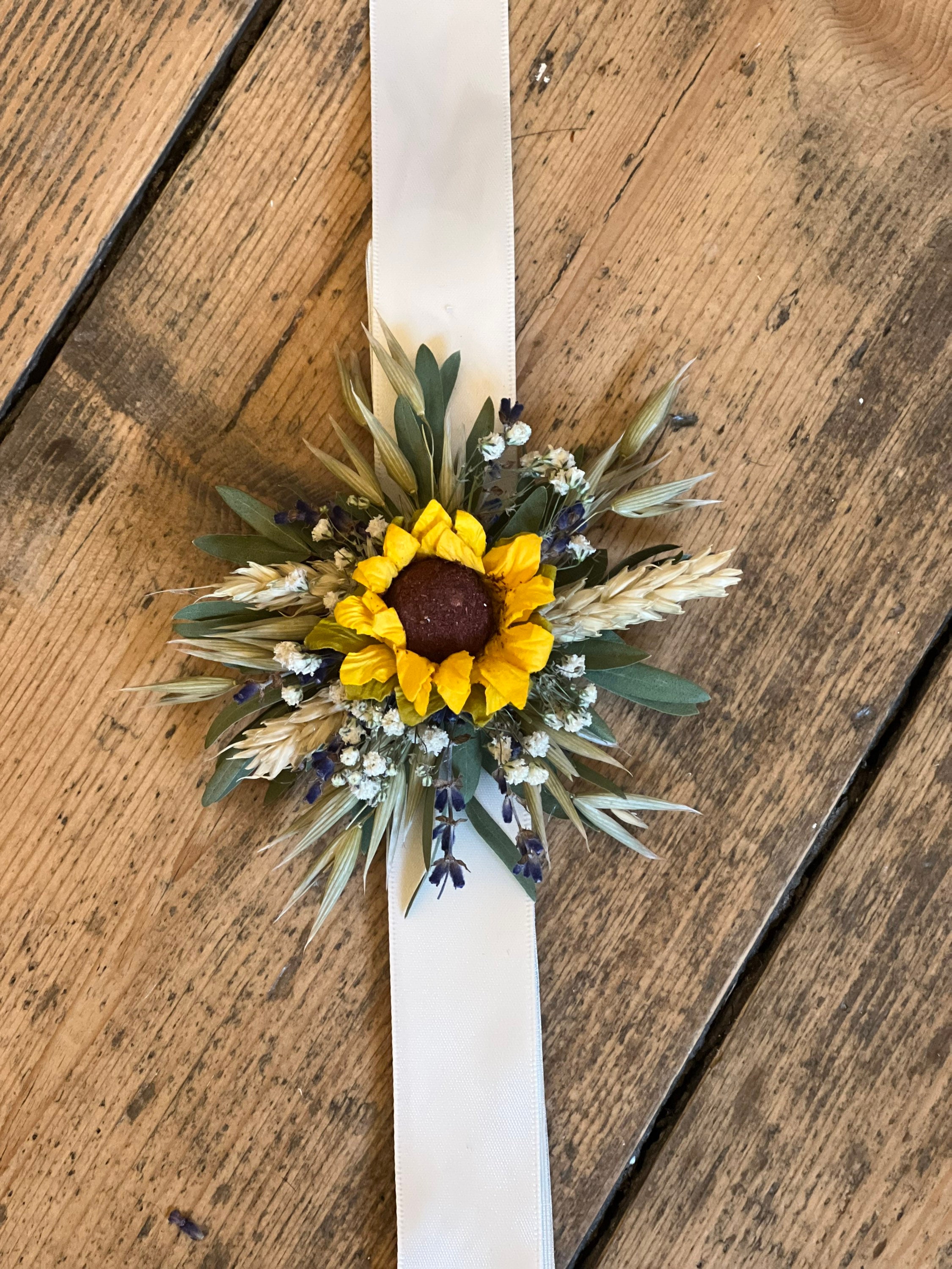 Dried Flower Wrist Corsage, Sunflower Wedding Corsage, Wedding