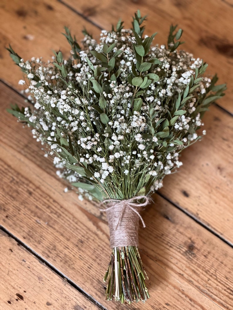 Dried gypsophila and eucalyptus bouquet, Dried bridal bouquet, Rustic wedding bouquet, Dried flower bouquet, Dried bridal flowers. image 8