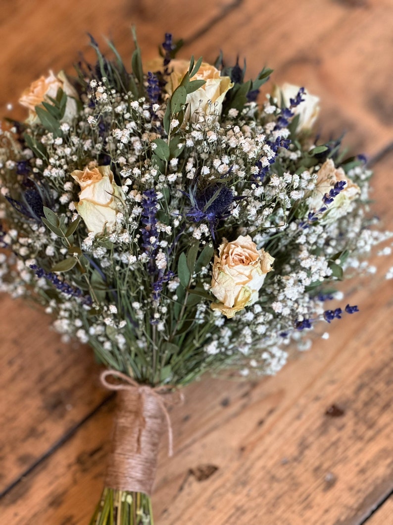 Dried Cream Rose Bouquet, Dried Blue Thistle Bouquet, Scottish Wedding ...